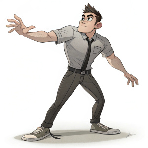 3D model of a muscular male character from 'ParaNorman.' Gray shirt, black tie, casual yet formal attire. Expressive face with a unique look. Dynamic pose with broad stance.