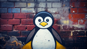 Wallpaper minimal "LINUX" Logo, in the style of street art aesthetic, cute cartoonish designs, photo-realistic techniques, dark red, Childhood and Arcadia, anime aesthetic, cartoon-like