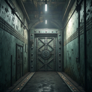 Digital artwork from Stalker 2, featuring a gloomy corridor. Central focus on a massive metal door with a design of geometric patterns. The walls are old and corroded. The color scheme is predominantly dark with hints of grey and dull green.