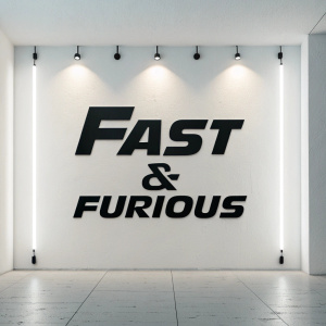 Modern, sleek Fast & Furious logo design. Black font on a bright white background. Bold, centered text with strong brand emphasis.