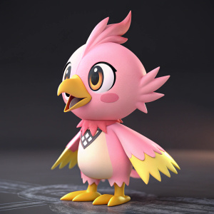 3D render animation of Piyomon from Digimon Adventure, a cartoon bird-like character with a youthful and playful appearance. Primarily pink with yellow accents, against a dark abstract background. Various poses and angles showcasing dynamic nature. Digital art focused on 3D rendering.