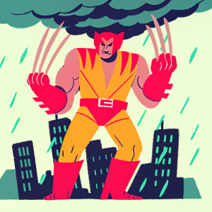 Wolverine, from the X-Men series, in a fierce pose. Cartoon style illustration. Dark and stormy cityscape background
