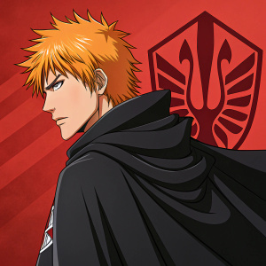Digital illustration of Ichigo Kurosaki, the brave young warrior. Black cloak, striking red emblem in the background. Bold, graphic style with sharp lines and vibrant colors.