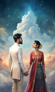 A Indian married couple holding hands looking at the sky. he is tall, short hair and brunette. she is medium height, long hair and brunette. there is a cloudy and deep epic background.