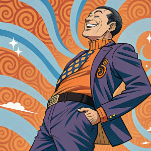 Okuyasu Nijimura in a dynamic, colorful manga panel. Orange and blue swirls form the background. Confident pose, smiling