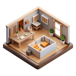 3d scan of flat house with the floor plan and furniture, in the style of romantic and nostalgic themes, domestic scenes, realistic and hyper-detailed renderings, dark white and light brown, cute and dreamy, top-down view