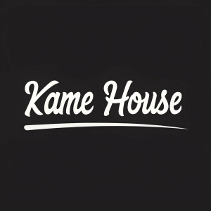 Modern logo design for Kame House. Sleek, minimalistic text in white on a black background. Font is bold and clean.