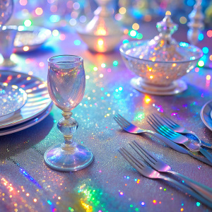 
 close light pastel  very much glitter very sparkly crystal effect fantasized glam Sprinkle Tableware Asian  food  Shimmering Bioluminescent fairytale masterpiece Magical Holographic  Glossy Bioluminescent iridescence  Shimmering Holographic   Foil Glossy Patent Spandex Vinyl  