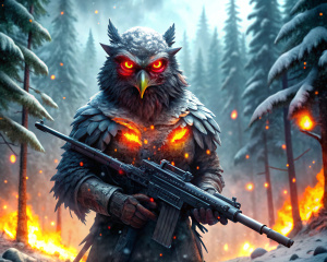 war eagle with glow red eyes with guns in snow and burning trees in backround and much blood at the floor
