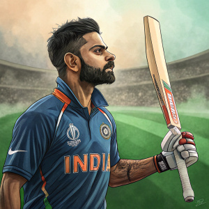 Virat Kohli, Indian cricketer, standing in front of a green pitch with a blurred background. He is in his team's jersey and holding a bat.