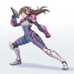 Digital illustration featuring Overwatch character D.Va in a dynamic pose. Stylized anime-inspired artwork with intricate armor details. Plain light background.