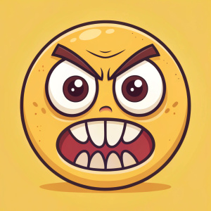 A furious emoji. Yellow background. Big angry eyes, pointed teeth