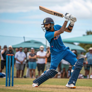 KL Rahul, the Indian cricketer, focused during practice session. Blue cricket uniform, helmet, and pads. Spectators blurred in background, outdoor cricket ground.