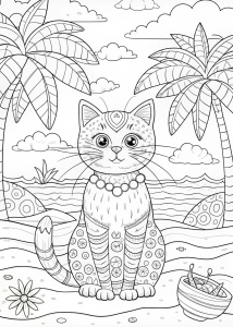 coloring page with cat on the beatch, summer vibe, the image is suitable for coloring so make it black and white