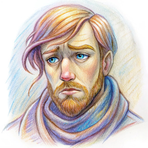 A una persona triste, decepcionada con la mirada hacia el suelo y la cabeza ligeramente inclunada hacia abajo demostrando decepcion. El estilo de la imagen tiene que ser abstracto y psicodelico