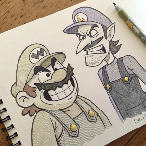 Sketch of Wario and Waluigi, pencil on paper, vividly portrayed in bold outlines and exaggerated expressions typical of retro comic art.