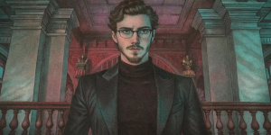 aaron taylor johnson with shirt haircut in horn-rimmed glasses, in black turtle neck and black jacket, he is standing on balcony in the big hall close to black throne