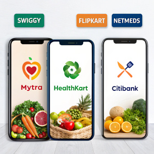 A promotional image showcasing Swiggy, Flipkart, Netmeds, Mytra, Healthkart, and Citibank apps with highlighted offers and deals.