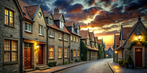 Street of a Victorian city. Night, no sun, it’s dark, stars and clouds in the sky. Stone houses with red tiled roofs, wooden window frames, wooden doors. The windows are lit from the inside with dim, weak light. Christmas decorations on the windows and doors. The building on the right in the foreground is a store with a beautiful sign; toys and books are visible in its window. A handsome, slender young man with wavy hair and glasses, in Victorian clothes, with a book in his right hand.