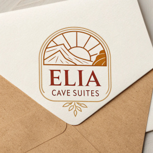 Brand identity for ELIA Cave Suites. Logo features an envelope-like design. Warm earthy tones. Design elements include brand name and logo. Dimensions specified in guidelines.