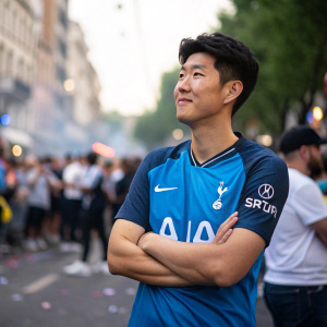 Son Heung-min, in a blue jersey with AI*A logos, poses confidently on a crowded street during a festive celebration, background blurred.
