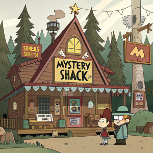 Concept art for a whimsical Gravity Falls Mystery Shack scene. A vibrant cartoon depiction with elements like signage, props, and quirky characters.