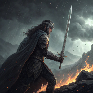 Illustration of Fingolfin, wielding a detailed sword, standing amidst a stormy, fiery scene. Dark, dramatic tones and intricate details