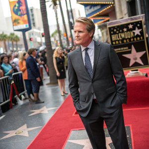 Cary Elwes at the Hollywood Walk of Fame. Dressed in a sharp grey suit and patterned tie. Crowded street background.