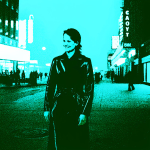 Carla Gugino, dressed in a sleek black leather jacket, smiles warmly. Shot in a bustling city street at night, surrounded by vibrant nightlife and illuminated signs.