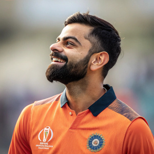Virat Kohli, cricket star, wearing an orange jersey with the Indian team logo. Beaming smile, close-up shot, blurred audience background