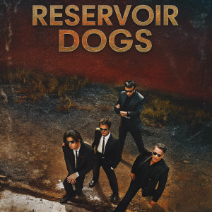 Poster for Reservoir Dogs featuring characters in suits. Dark red backdrop. Title prominently displayed.