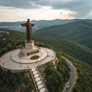 Aerial view of Christ the King statue atop Cubilete Hill in Guanajuato, Mexico. The statue, painted dark brown, stands on a round pedestal. Surrounding paved area with winding pathways and designated parking spots. Dense green vegetation and rolling hills form the backdrop.