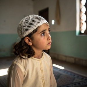 A candid shot of a young girl, of Middle Eastern descent, with a worried expression. She is wearing a white netted cap and a light-colored traditional dress. The indoor setting is simple and muted, with natural light filtering through.