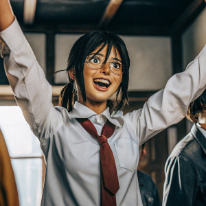 Saten Ruiko, anime character, energetic pose with arms stretched wide, happy smile. White shirt and red tie. Light blue backdrop