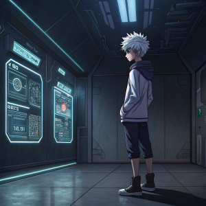 Killua Zoldyck standing in a dimly lit, futuristic room. Surrounded by floating holographic screens displaying battle stats and strategies.