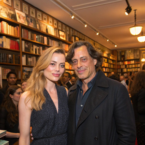 Melissa George and Claudio Dabed at a bustling literary event. Bookshelves and guests in the background.