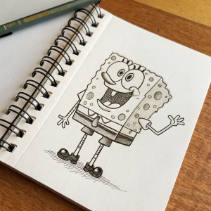 Sketch of SpongeBob SquarePants. Cartoon character drawn with simple lines and shapes on a plain white paper in a spiral-bound notebook.