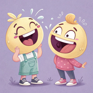 Two cartoon characters with exaggerated, emoji-like expressions. Purple background. Simple, pastel color palette.