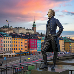 Colorful digital portrait of Charles XII, King of Sweden. He is depicted in a modern setting with a vibrant cityscape as backdrop. Charles XII wears contemporary attire. The illustration is detailed with a glossy finish.