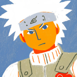 Illustration of Naruto Uzumaki, youthful, serious face, white spiky hair, headband, green vest with red emblem. Plain background