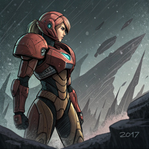 Illustration of Samus Aran in her iconic armor. Dark and moody background with abstract, jagged shapes creating a sense of rugged landscape. Chiaroscuro technique with bold lines and dramatic shadows. Stylistic homage to graphic novels. 2017 at bottom right.