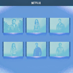 Netflix landing page featuring characters from various TV shows. Grid layout with modern design. Each square contains an illustration and brief description. Dark background, clean text.
