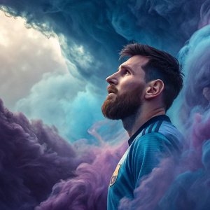 Digital art featuring Lionel Messi, bearded, in a surreal landscape. Surrounding him are swirling blue and purple mists creating an ethereal atmosphere. Wispy tendrils of smoke weave around him, painting a dreamlike scene.