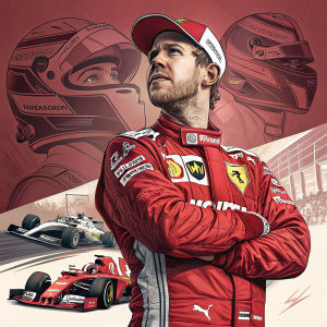 Sebastian Vettel, Formula One driver, posing confidently. His red race suit adorned with numerous sponsor logos. Bold background featuring large Formula One images and car designs. Ad campaign shot.