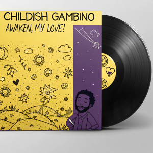 Digital art of the album cover for Childish Gambino's 'Awaken, My Love!' A fun and imaginative design with a bright yellow background on the left and playful handwritten black text, contrasted by a solid purple page on the right.