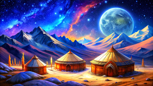 winter Buryatia nature yurts Buddhist palace datsan cosmic sky and Crescent Moon