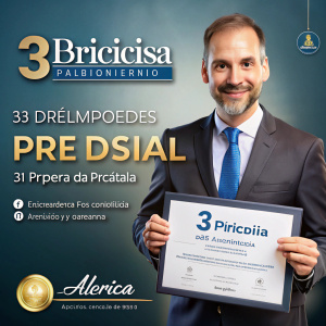 Crear un afiche conmemorativo del 8vo aniversario de la empresa Albricia. Incluir la imagen de un señor vestido con terno, sosteniendo un certificado en su mano. Añadir el texto '3 diplomados al precio de 1' en la parte inferior del afiche. 