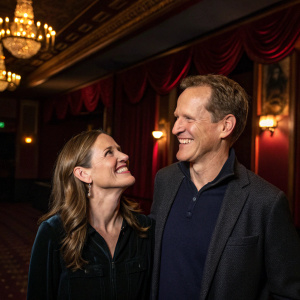 Melissa Schneider and Todd McKenney, both Caucasian, smiling at each other in a cozy, dimly lit theater lobby.