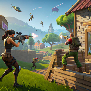 Digital art of Fortnite characters in dynamic action poses. Colorful and lively setting, typical of Fortnite gameplay.