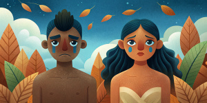 ilustración hombre moreno y mujer morena desnudos, vestidos con taparrabos hechos de hojas mientras sus rostros expresan tristeza y llanto